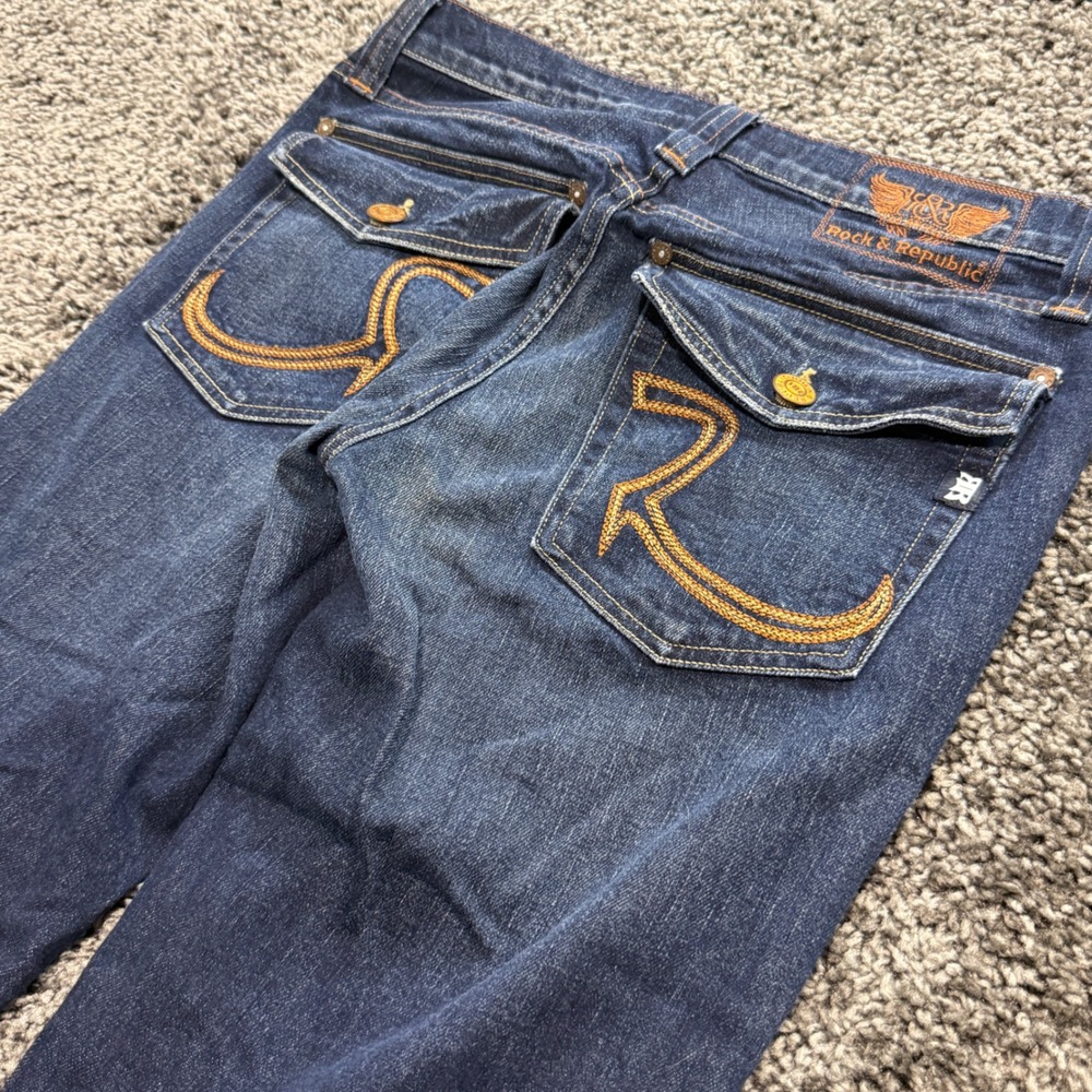 Y2K Rock & Republic Bootcut Jeans Mens Blue Good Flap Pocket R Logo 33x32